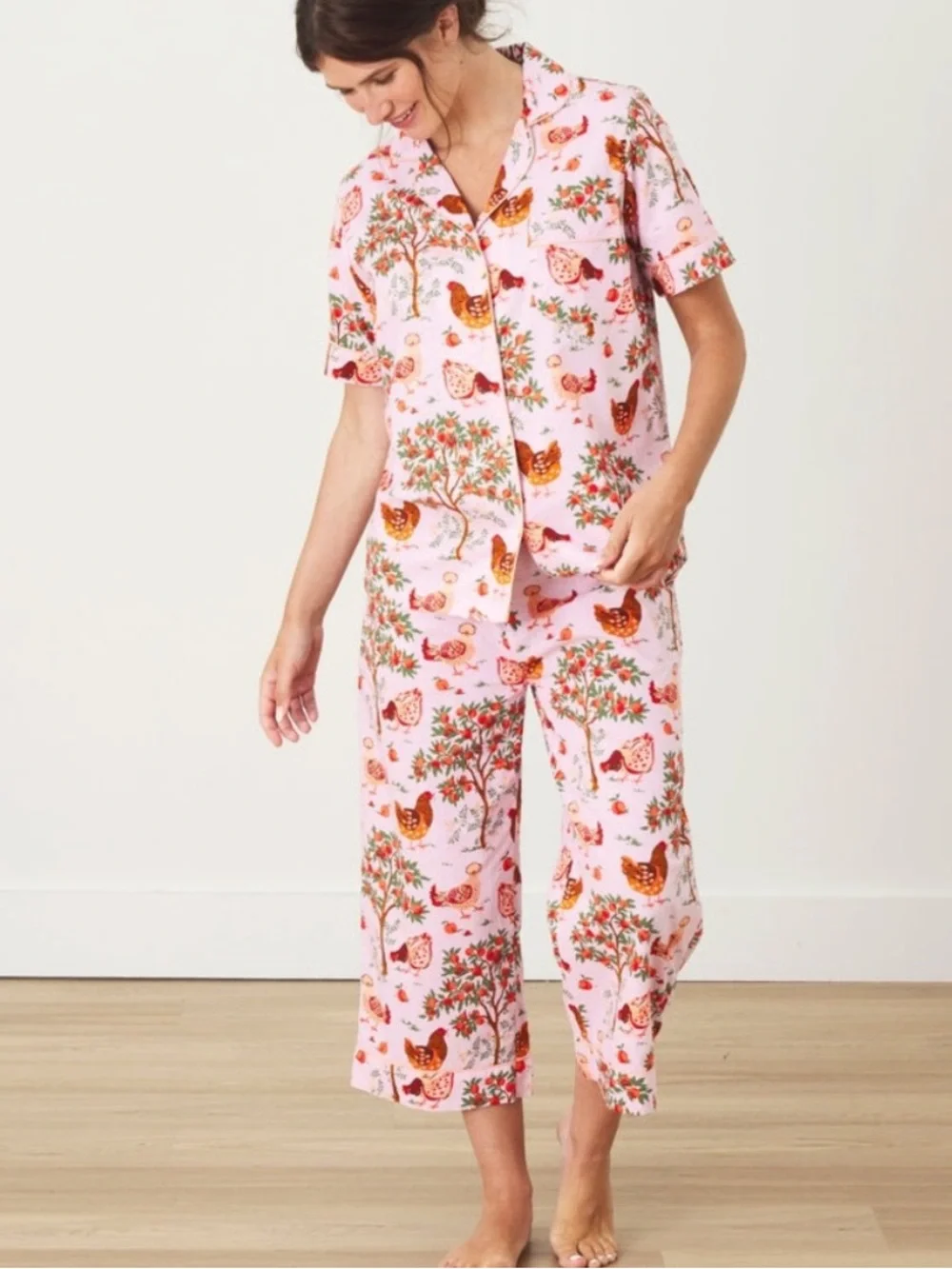 Print Fresh Hen House Organic Cotton Pajama Set Short Sleeve & Pants Pink Size S - Picture 6 of 16